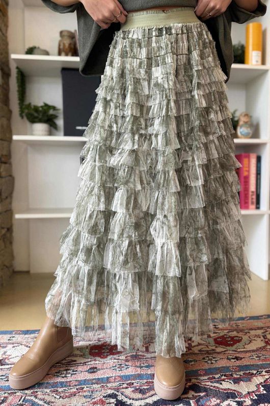 Ramone Marble Mesh Midaxi Skirt Khaki
